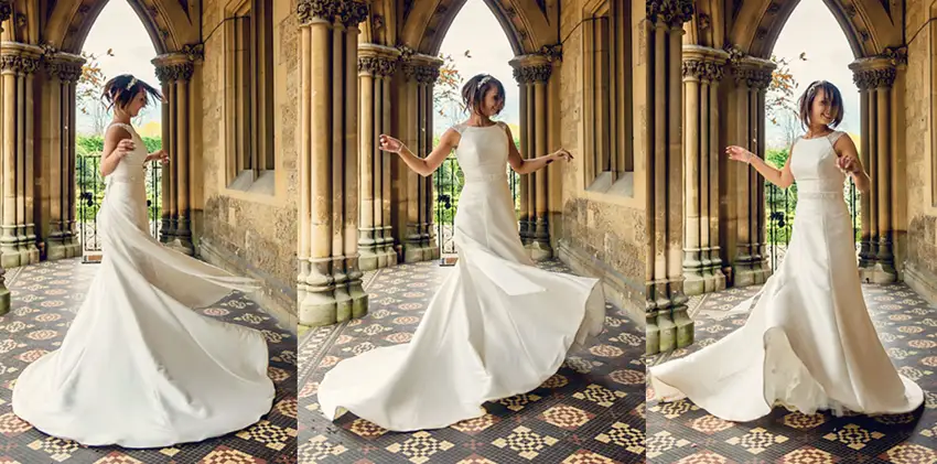 Bride spinning in her dress in Malvern