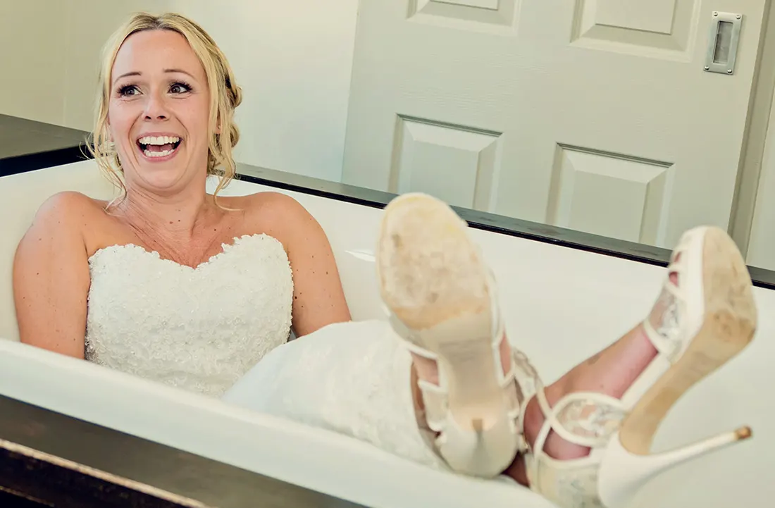 Different stylish shot of bride in a hotel bath