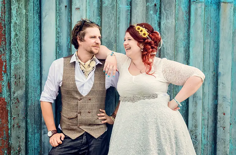 Bride and groom sharing a moment at Worcester Guildhall wedding