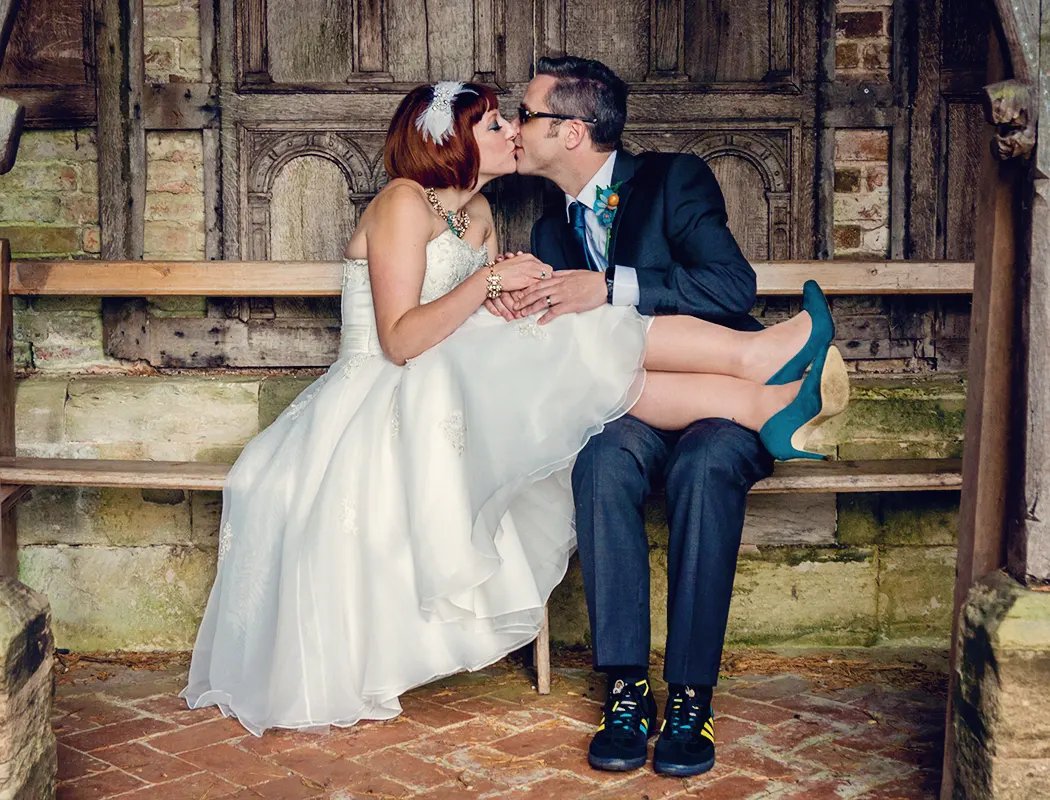 Couple kissing after a local civil ceremony in Kidderminster